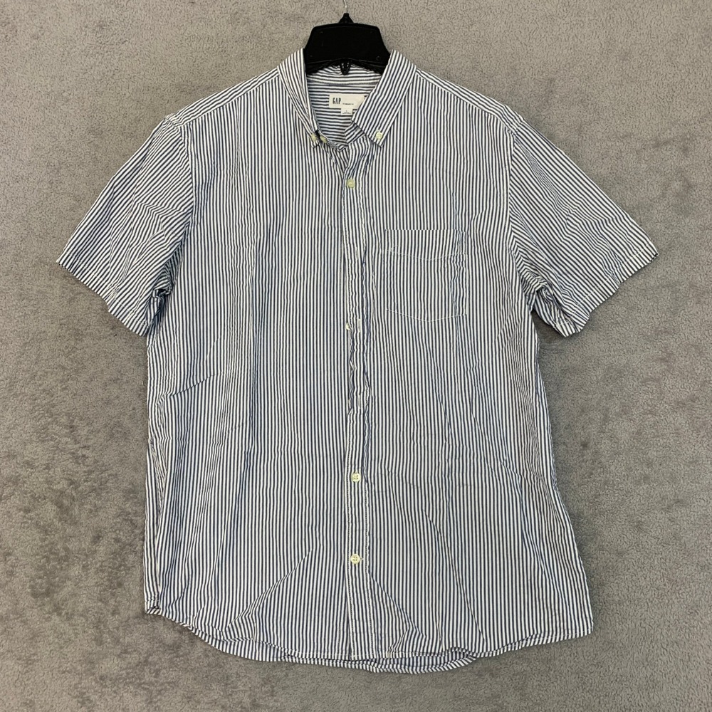 NWOT GAP Button Up Shirt Men's L Blue Cotton Striped Standard Fit Short Sleeve